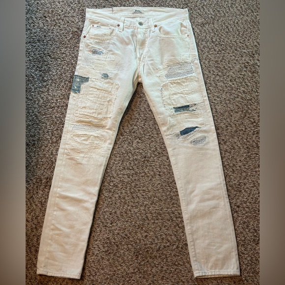 Polo Ralph Lauren Mens White Sullivan Slim Ripped Distressed Patchwork Jeans - Picture 2 of 5